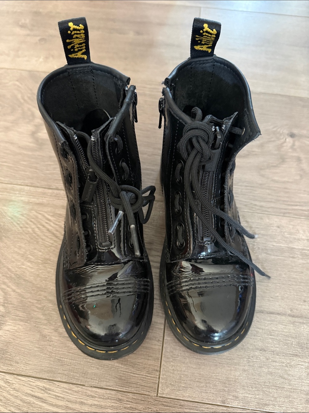 Dr. Martens Kids Black Patent Lace-Up Boots with Side Zip